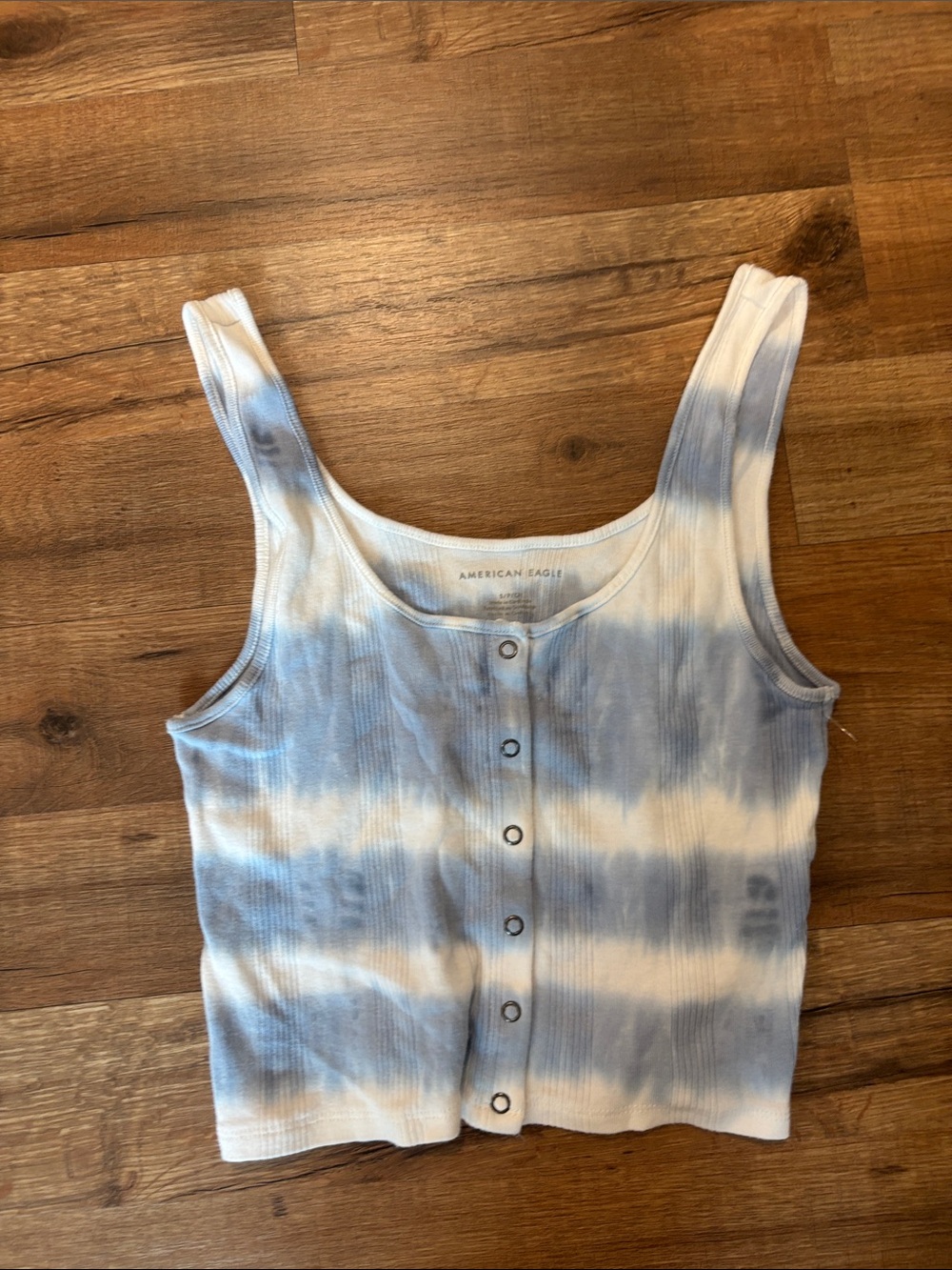American Eagle Outfitters Blue & White Tie-Dye Ribbed Button Tank